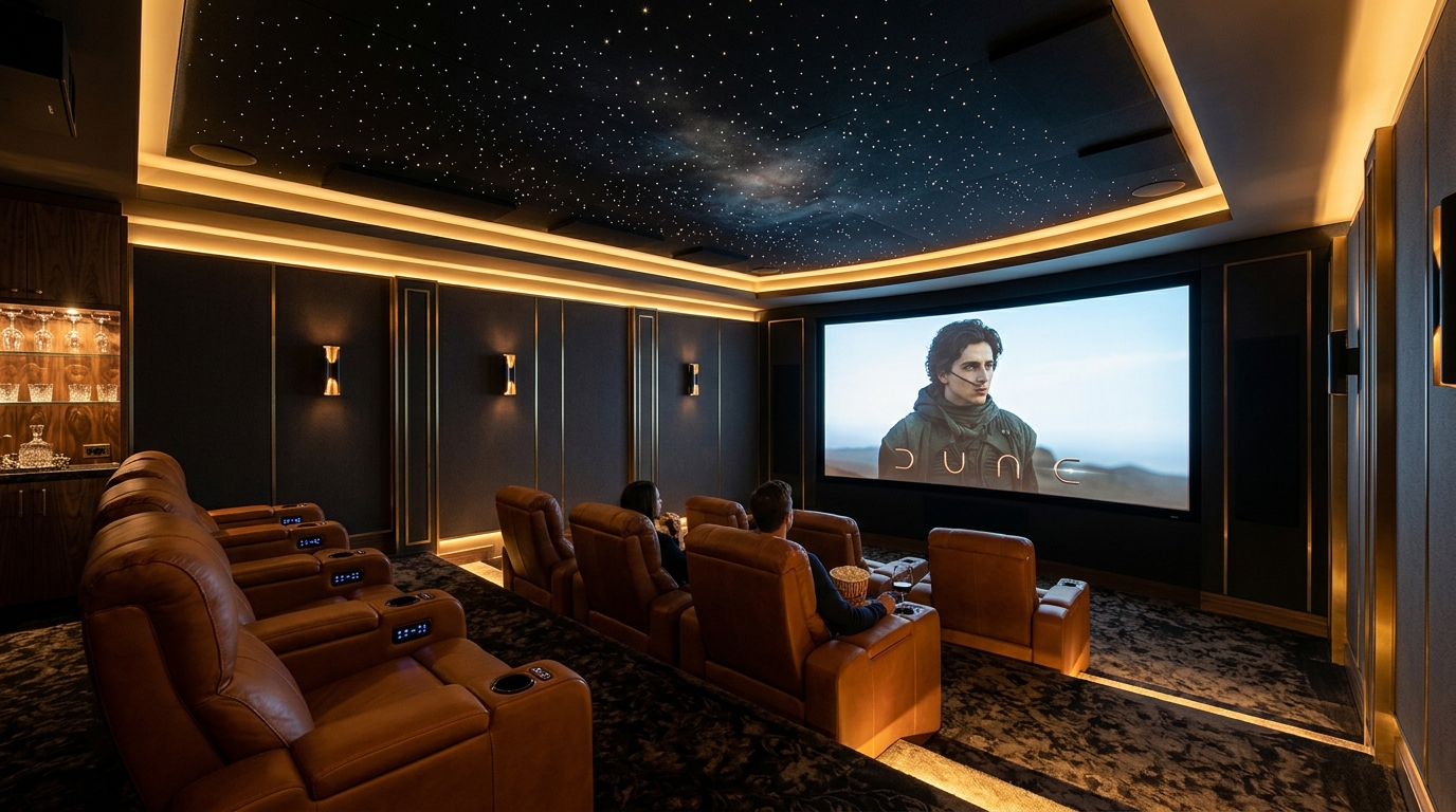 ADAC Luxury Private Home Theater Cinema with Starry Acoustic Ceiling and Leather Recliners
