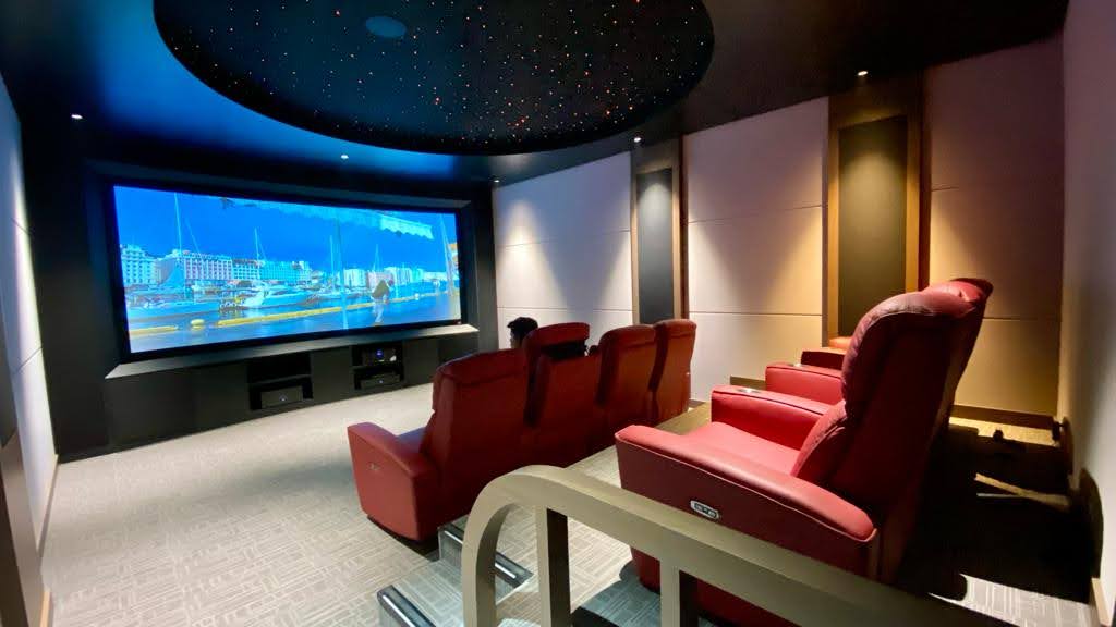 Bespoke Home Cinema with Oval Starry Night Sky Ceiling and Curved Screen