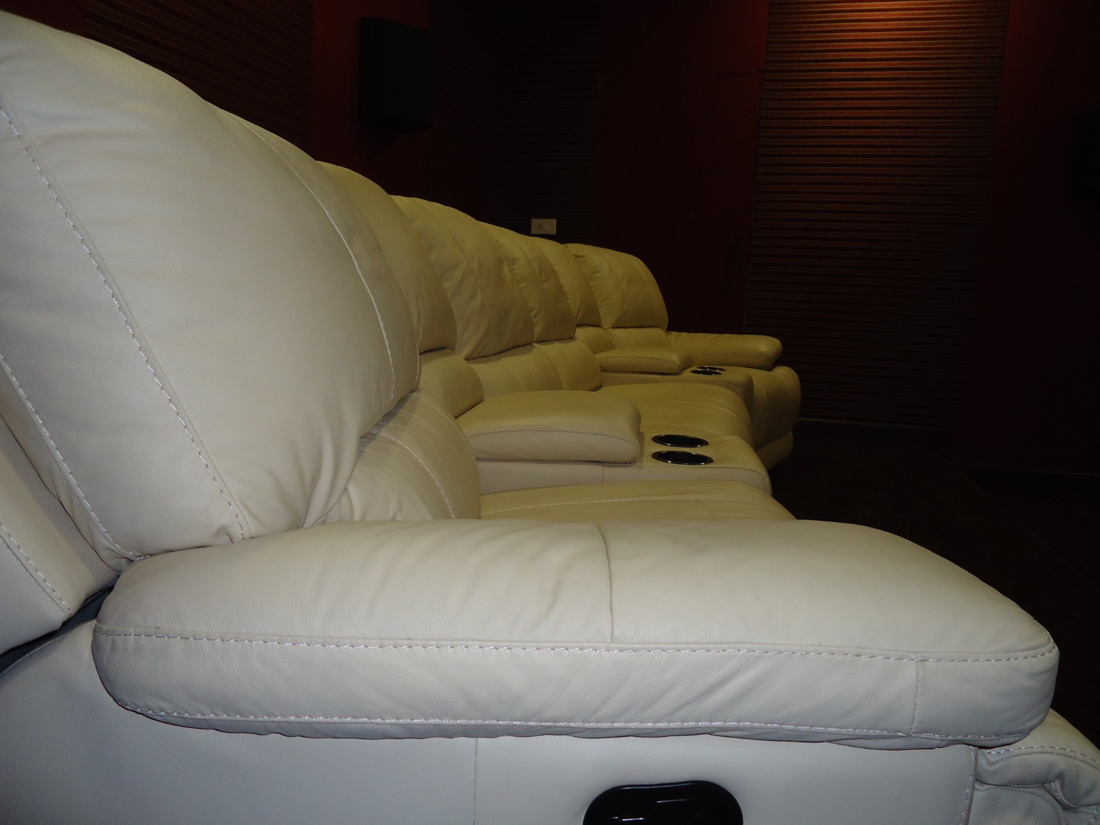 Custom Motorized Cinema Recliners in Top-Grain Ivory Leather with Wood Slats