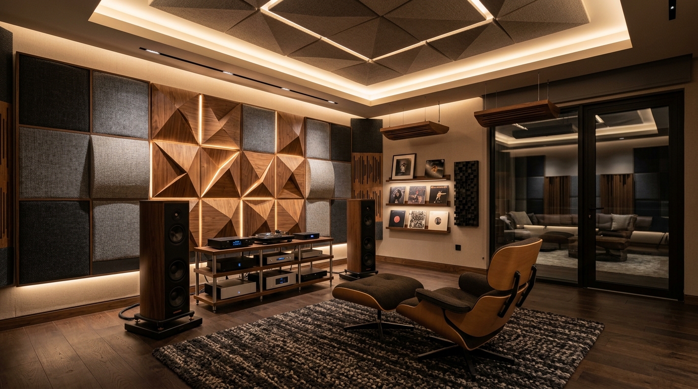 Architectural Acoustic Room Treatment with Hardwood Diffusers and Fabric Panels